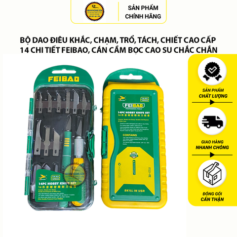 Bộ dao điêu khắc, chạm, trổ, tách, chiết cao cấp 14 chi tiết FEIBAO, cán cầm bọc cao su chắc chắn