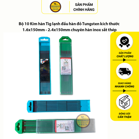 Bộ 10 Kim hàn Tig lạnh đầu hàn đỏ Tungsten kích thước 1.6x150mm - 2.4x150mm chuyên hàn inox sắt thép