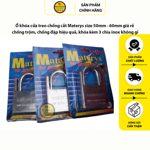 Ổ khóa cửa treo chống cắt Materys size 50mm - 60mm giá rẻ chống trộm, chống đập hiệu quả kèm 3 chìa