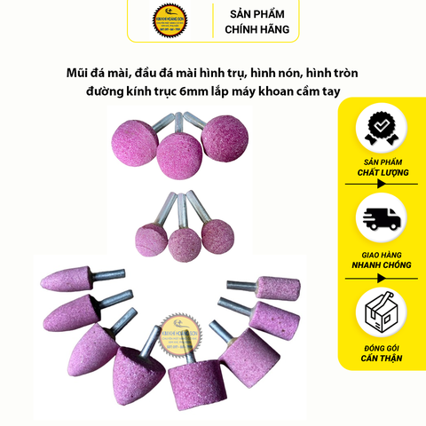 Mũi đá mài, đầu đá mài hình trụ, hình nón, hình tròn đường kính trục 6mm lắp máy khoan cầm tay