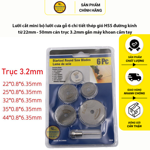 Lưỡi cắt mini bộ lưỡi cưa gỗ 6 chi tiết thép gió HSS đường kính từ 22mm - 50mm cán trục 3.2mm gắn máy khoan cầm tay