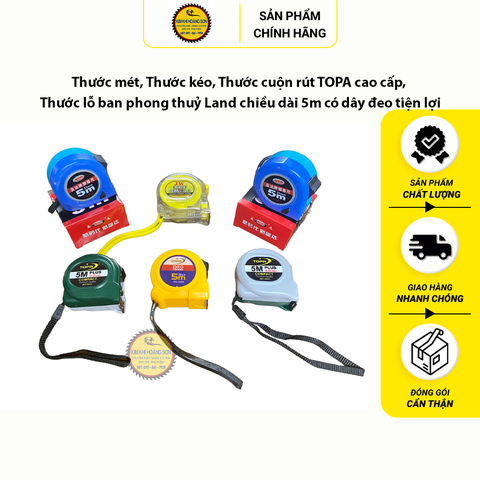 Thước mét, Thước kéo, Thước rút cao cấp, Thước lỗ ban phong thuỷ chiều dài 5m có dây đeo tiện lợi