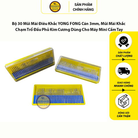 Bộ 30 Mũi Mài Điêu Khắc YONG FONG Cán 3mm, Mũi Mài Khắc Đầu Phủ Kim Cương Dùng Cho Máy Mini Cầm Tay