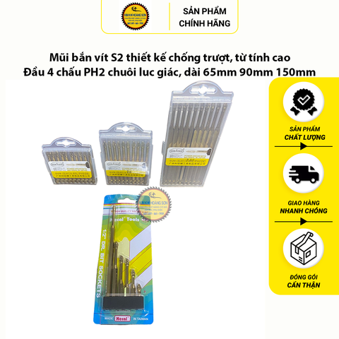 Mũi bắn vít S2 thiết kế chống trượt, từ tính cao, đầu 4 chấu PH2 chuôi lục giác, dài 65mm 90mm 150mm