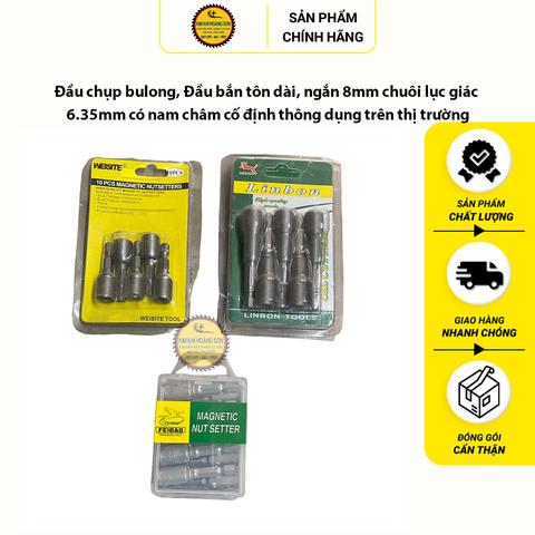 Đầu chụp bulong, Đầu bắn vít tôn 8mm dài, ngắn chuôi lục giác 6.35mm có nam châm cố định, thông dụng