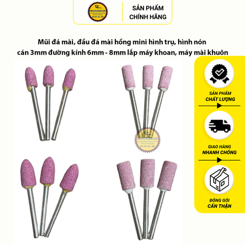 Combo 10 Mũi đá mài hồng mini size 3 - 12mm hình trụ, hình nón cán 3mm lắp máy khoan, máy mài khuôn