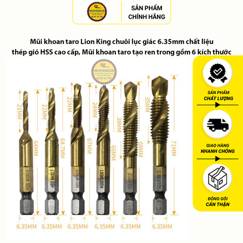 Bộ 6 mũi khoan taro Lion King chuôi lục giác chất liệu thép gió HSS, Mũi khoan taro ren 6 kích thước