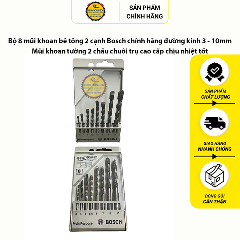 Bộ 8 mũi khoan bê tông 2 cạnh Bosch chính hãng đường kính 3 - 10mm, Mũi khoan tường chuôi trụ cao cấp chịu nhiệt tốt