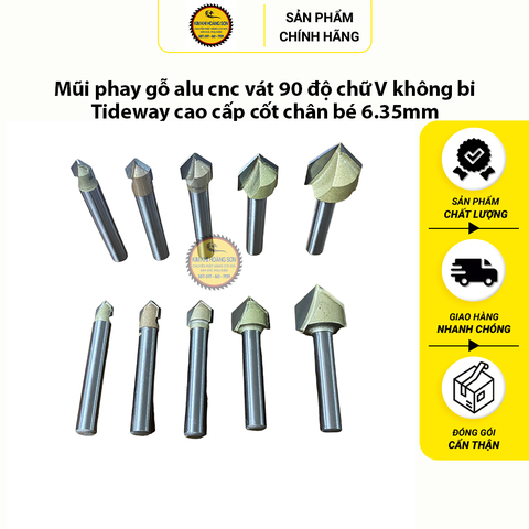 Mũi phay gỗ alu cnc vát 90 độ chữ V không bi Tideway cao cấp cốt chân bé 6.35mm