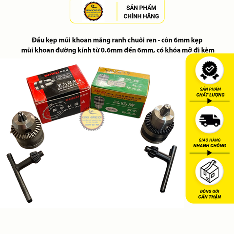 Đầu kẹp mũi khoan măng ranh chuôi ren - côn 6mm kẹp mũi khoan đường kính từ 0.6mm đến 6mm, có khóa mở đi kèm