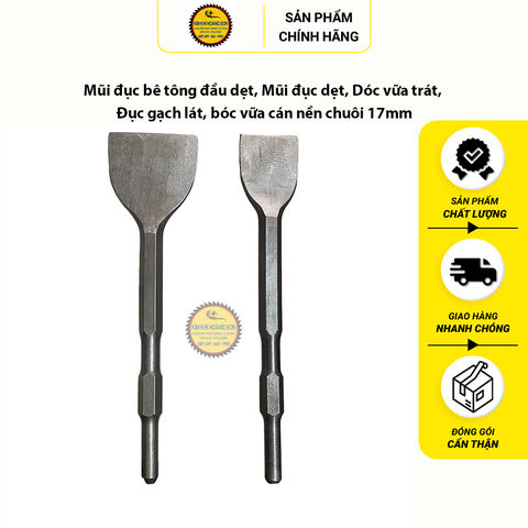 Mũi đục bê tông đầu dẹt, Mũi đục dẹt, Dóc vữa trát, đục gạch lát, bóc vữa cán nền chuôi 17mm