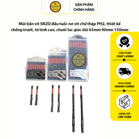 Mũi bắn vít SNZO, Đầu vít PH2 thiết kế chống trượt, từ tính cao, chuôi luc giác dài 65mm 90mm 150mm