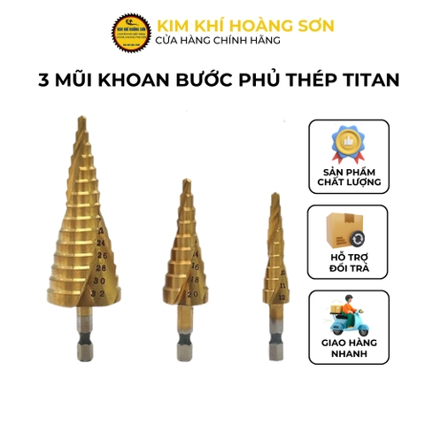 Mũi khoan tháp bước phủ titan thép HSS cao cấp hộp 3 mũi khoan tháp đa năng chuôi lục giác khoét lỗ sắt, gỗ, nhựa