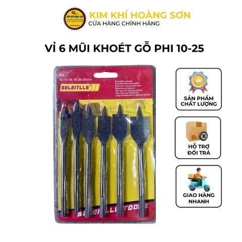 Vỉ 6 mũi khoét gỗ đuôi cá đường kính 10mm - 25mm  dài 150mm có đầu định tâm, hợp kim cao cấp siêu bền chuyên dụng cho ngành mộc