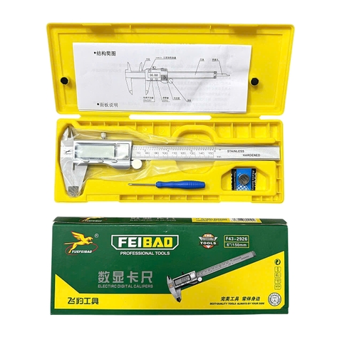 Thước kẹp điện tử FEIBAO 150mm thép hợp kim cứng không rỉ, màn hình LCD rõ nét, độ chính xác cao