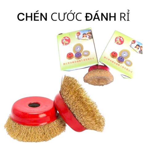 Chổi đánh rỉ sắt sợi đồng, chén cước đường kính 90mm, bát rỉ sét lỗ trục 16mm lắp máy mài cầm tay