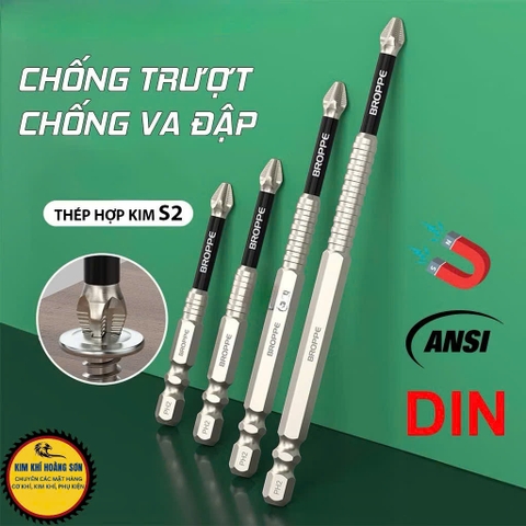 Mũi vít PH2 chống trượt hãng BROPPE chân lục giác 6.35mm, Mũi bắn vít 1 đầu bake chữ thập từ tính cao