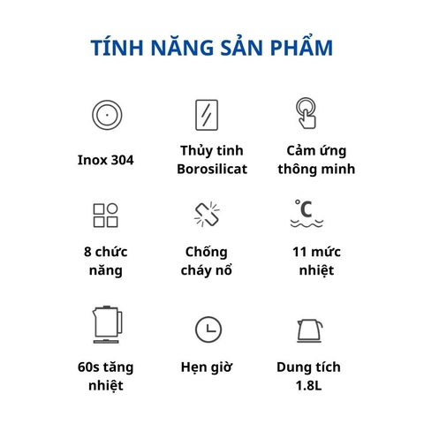 Ấm điện siêu tốc đa năng 1.8L, bình pha trà thủy tinh cao cấp