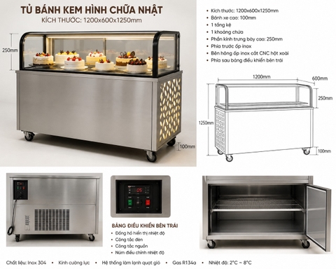 Tủ Trưng Bày Bánh Sấy 4 Mặt Kính