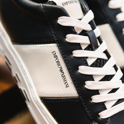 Giày EMPORIO ARMANI đen , sườn + gót da trắng , đế trắng logo đen + gạch trắng