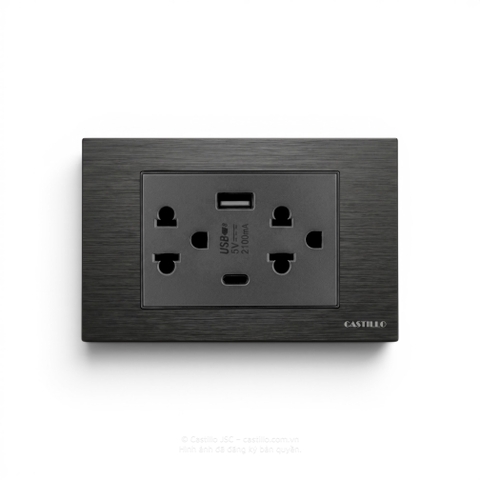 Ổ cắm 3 chấu Kiểu Thái + USB x2 (A+C) Nhôm Xước ĐEN
