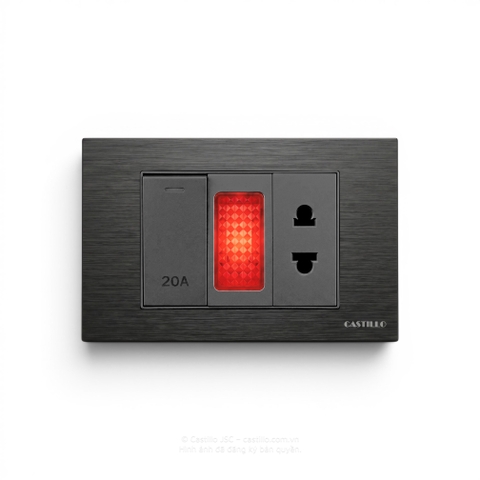 Công tắc 20A + Đèn báo + Ổ cắm Nhôm xước ĐEN