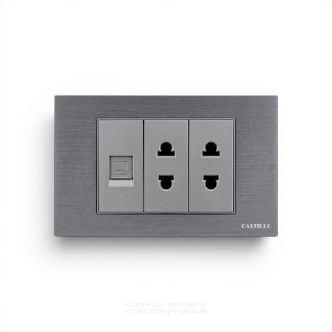 Ổ cắm Internet + 2 Ổ cắm Nhôm xước XÁM