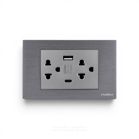 Ổ cắm đôi Thái + USB x2 (Type C) Nhôm xước XÁM