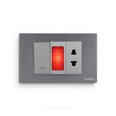 Công tắc 20A + Đèn báo + Ổ cắm Nhôm xước XÁM