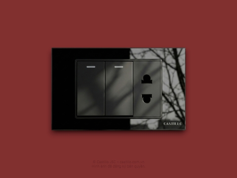 Công tắc 2 phím + 1 Ổ cắm Kính cường lực ĐEN