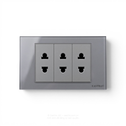 Ổ cắm 2 chấu x3 Kính cường lực XÁM