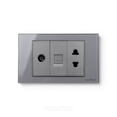 Ổ cắm Tivi + Internet + ổ 2 chấu Kính cường lực XÁM