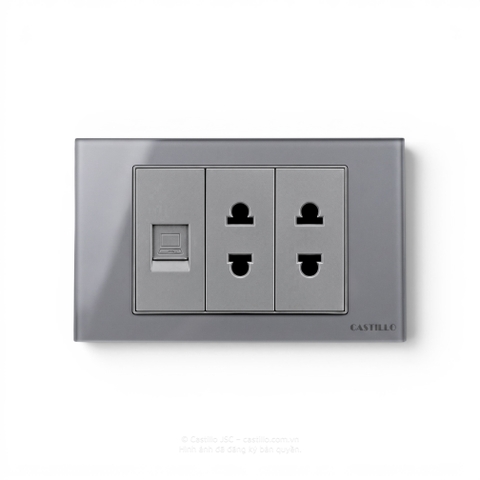 Ổ cắm Internet + 2 ổ cắm 2 chấu Kính cường lực XÁM