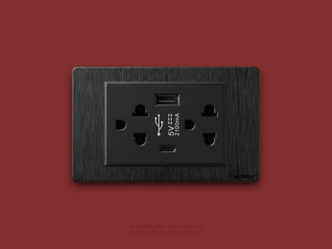 Ô cắm Đôi Kiểu Thái + USB x2 (Type C) Nhựa Xước ĐEN