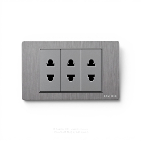 Ổ cắm 2 chấu x3 Nhựa Xước XÁM