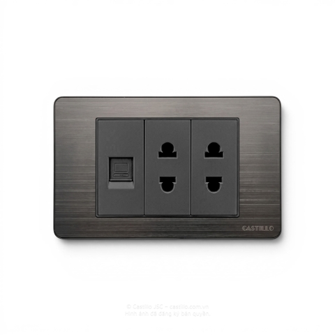 Ổ cắm Internet + 2 Ổ cắm Inox xước ĐEN