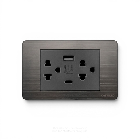 Ổ cắm đôi Thái + USB Inox xước ĐEN