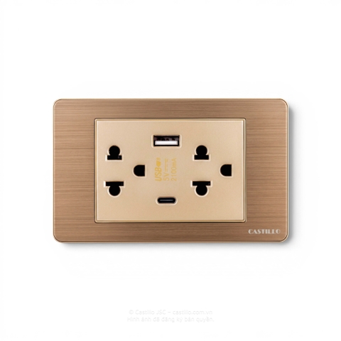 Ổ cắm đôi Thái + USB Inox xước VÀNG