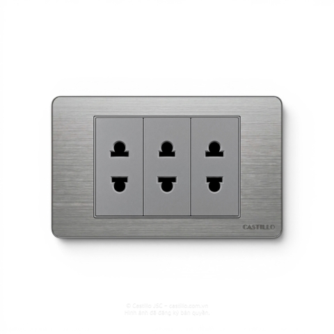 Ổ cắm 2 chấu x3 Inox xước XÁM