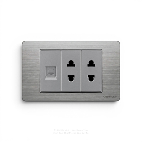Ổ cắm Internet + 2 Ổ cắm Inox xước XÁM