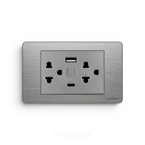 Ổ cắm đôi Thái + USB Inox xước XÁM