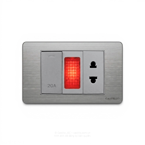 Công tắc 20A + Đèn báo + Ổ cắm Inox xước XÁM