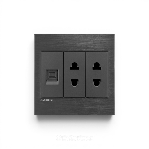 Ổ Internet + 2 Ổ cắm 2 chấu Nhôm xước ĐEN
