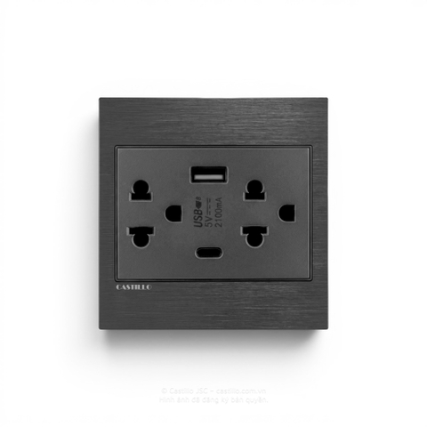 Ổ cắm đôi Thái + USB x2 (A+C) Nhôm xước ĐEN