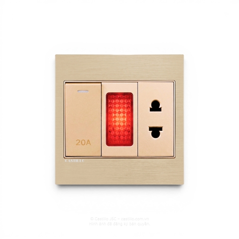 Công tắc 20A + Đèn báo + Ổ cắm Nhôm xước VÀNG