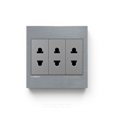 Ổ cắm 2 chấu x3 Nhôm xước XÁM