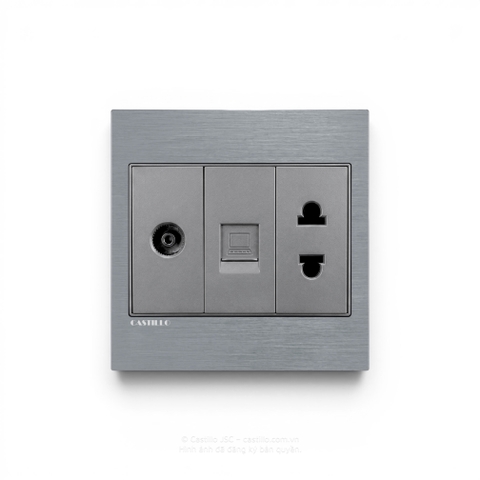 Ổ Tivi + Internet + Ổ cắm 2 chấu Nhôm xước XÁM