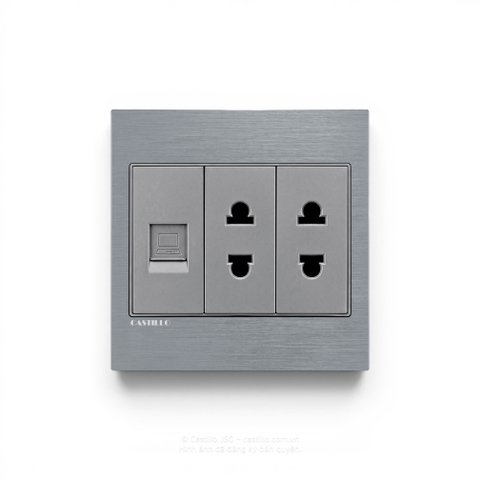 Ổ Internet + 2 Ổ cắm 2 chấu Nhôm xước XÁM