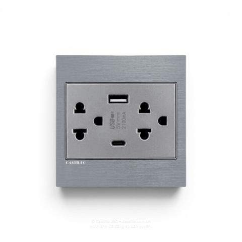 Ổ cắm đôi Thái + USB x2 (A+C) Nhôm xước XÁM