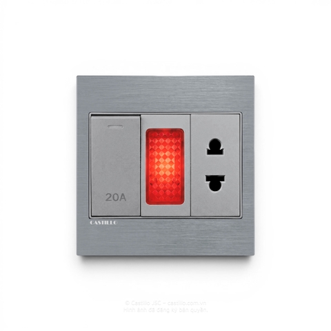 Công tắc 20A + Đèn báo + Ổ cắm Nhôm xước XÁM